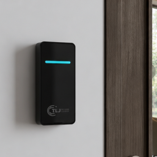 Hardwired access control panel on wall
